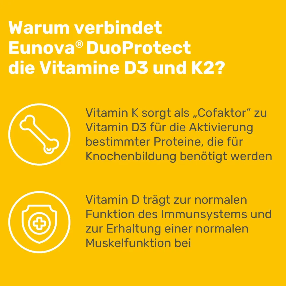 ® D3 + K2 DuoProtect – 1.000 I.E. Nahrungsergänzungsmittel zur normalen Funktion des Immunsystems & Erhaltung normaler Knochen>Eunova