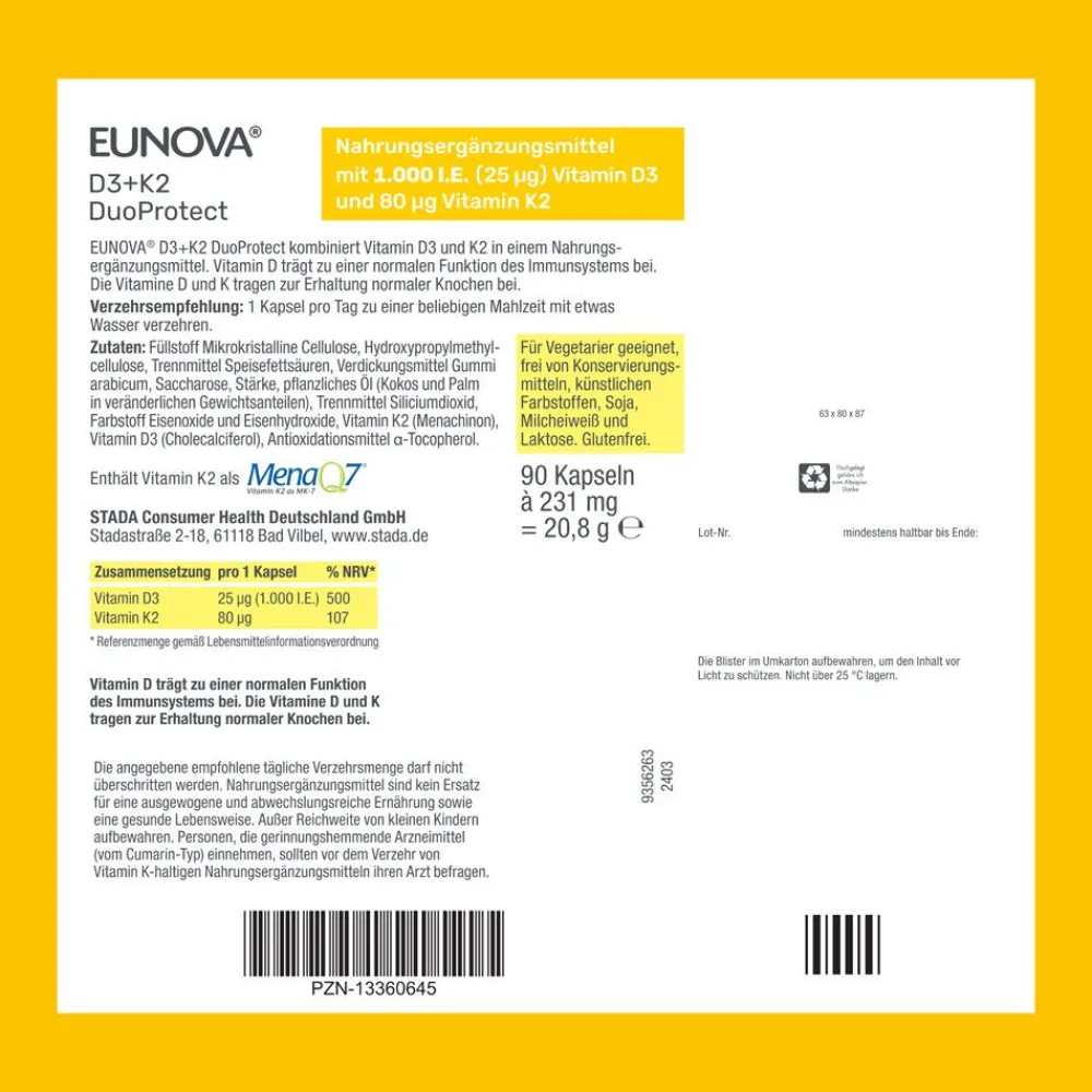 ® D3 + K2 DuoProtect – 1.000 I.E. Nahrungsergänzungsmittel zur normalen Funktion des Immunsystems & Erhaltung normaler Knochen|Eunova Sale