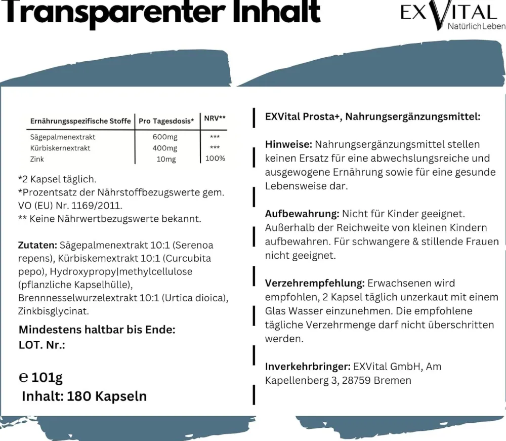EXVital® Prosta+ Kapseln mit Sägepalmen-, Kürbiskernextrakt & Zink| Sale