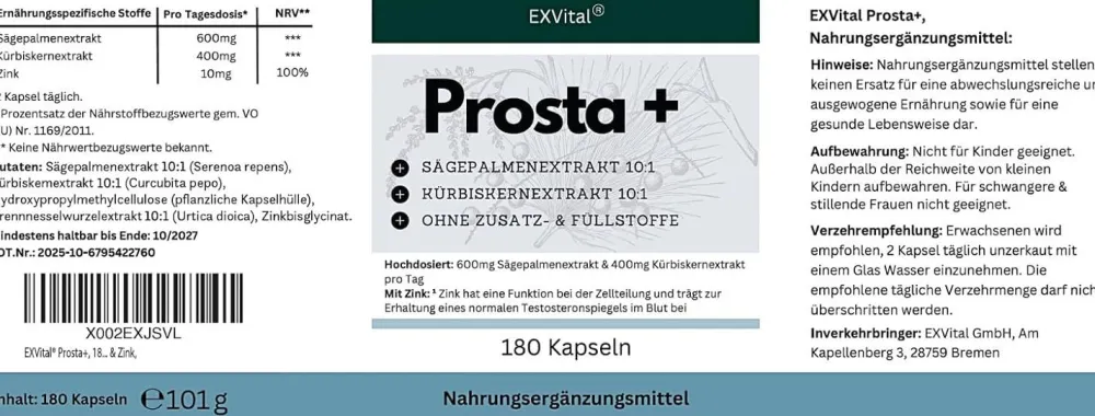 EXVital® Prosta+ Kapseln mit Sägepalmen-, Kürbiskernextrakt & Zink| Sale