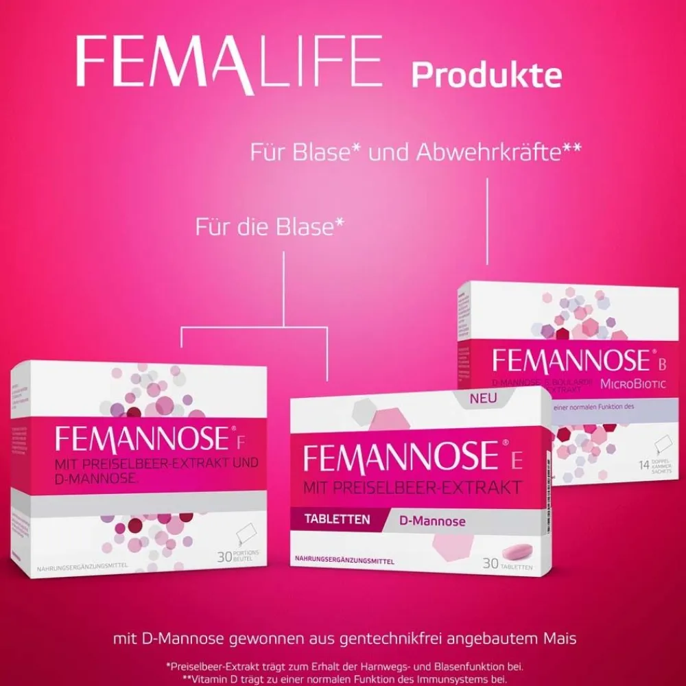 Femannose F – Trinkgranulat mit je 2000 mg D-Mannose Pulver und 100 mg Preiselbeer-Extrakt>FEMANNOSE N