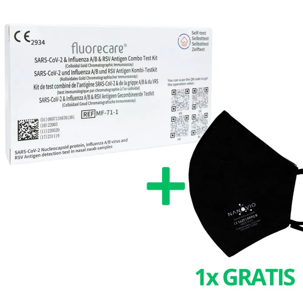 ® 4in1 SARS-CoV-2, Influenza A/B & RSV Combo-Schnelltest + Gratis Nanovio FFP2 Maske|fluorecare Best