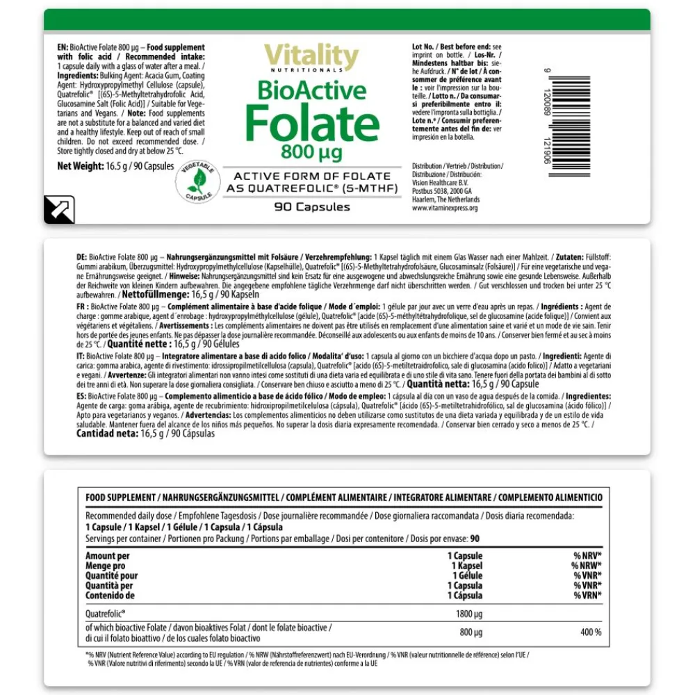 Folsäure 800 µg Bioaktiv - BioActive Folate Vitality Nutritionals| Outlet