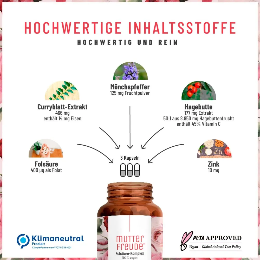 Folsäure Komplex Mönchspfeffer hochdosiert Eisen Zink 90 vegan Kapseln Mutterfreude ®>NATURTREU Sale