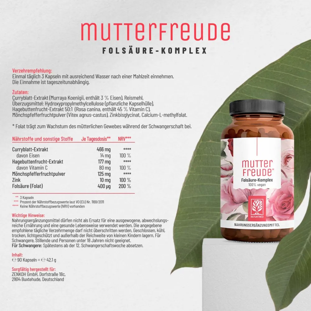 Folsäure Komplex Mönchspfeffer hochdosiert Eisen Zink 90 vegan Kapseln Mutterfreude ®>NATURTREU Sale