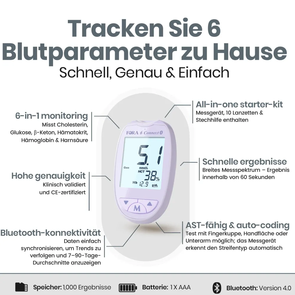 FORA 6 | Blutzucker-, Hämatokrit- und Hämoglobin-Messgerät – mg/dl> Discount