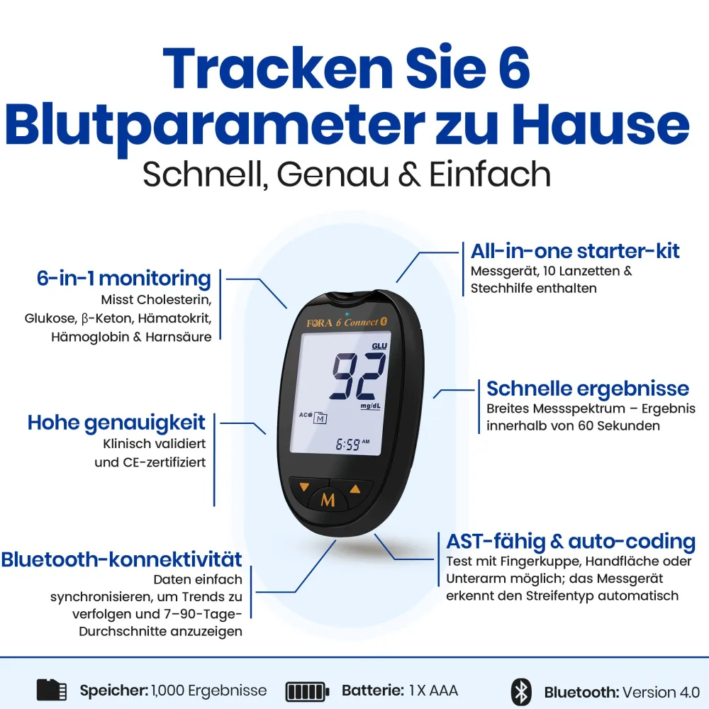 FORA 6 Connect Blutzuckermessgerät (Multi-Parameter) - mg/dl>TESTER New