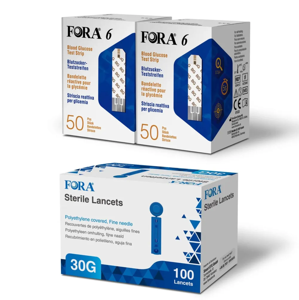 FORA 6 Glukoseteststreifen + FORA Lanzetten 30G - The Tester| Online