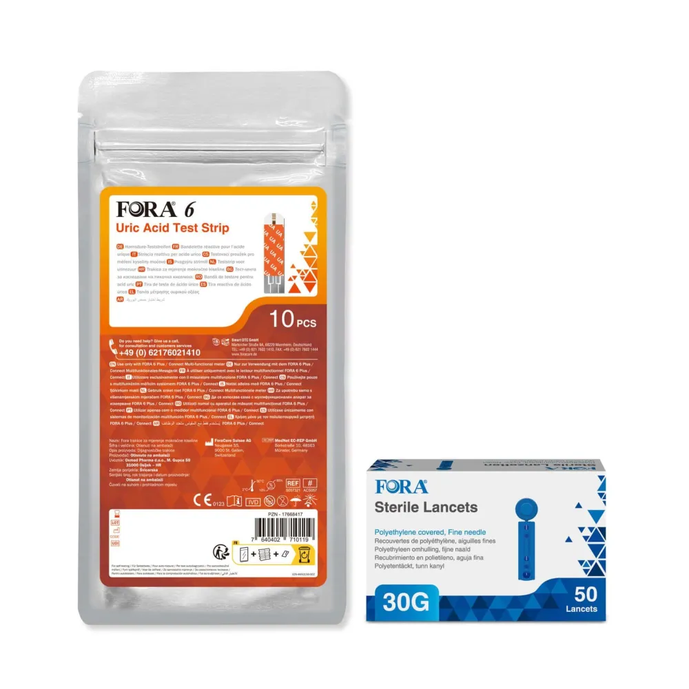 FORA 6 Harnsäure Teststreifen + FORA Lanzetten 30G - The Tester>