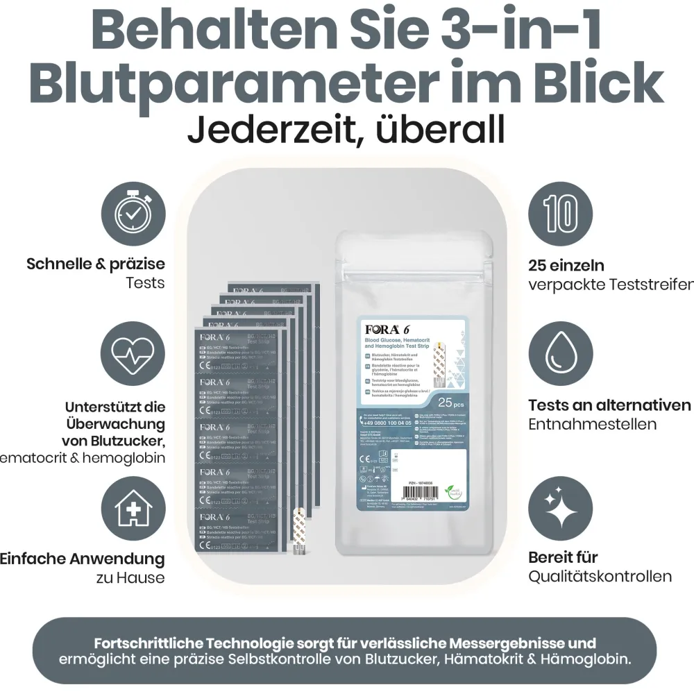FORA 6 Teststreifen 3-in-1: Blutzucker, Hämatokrit und Hämoglobin (25 Stück) - The|TESTER Hot