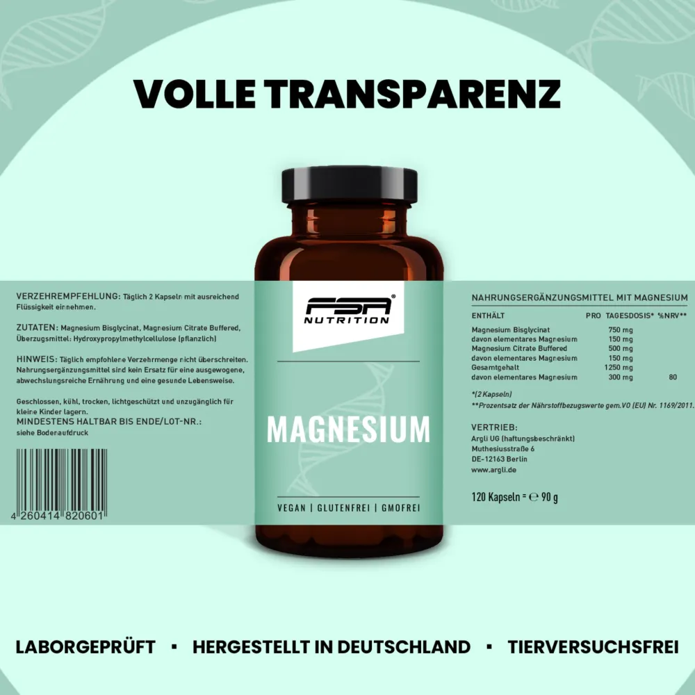 Magnesium Bisglycinat und Citrate 120 Kapseln im Glas|FSA NUTRITION Online