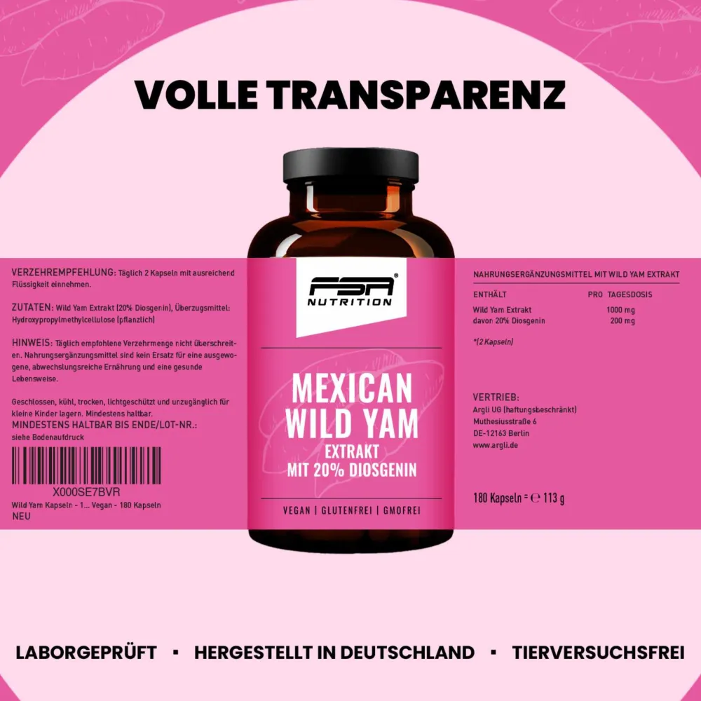 Yamswurzel Extrakt | Mexican Wild Yams Extrakt mit 20% Diosgenin 180 Kapseln im Glas|FSA NUTRITION Sale