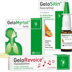 GeloMyrtol® forte + GeloSitin® Nasenpflege + GeloRevoice® Halstabletten> Hot