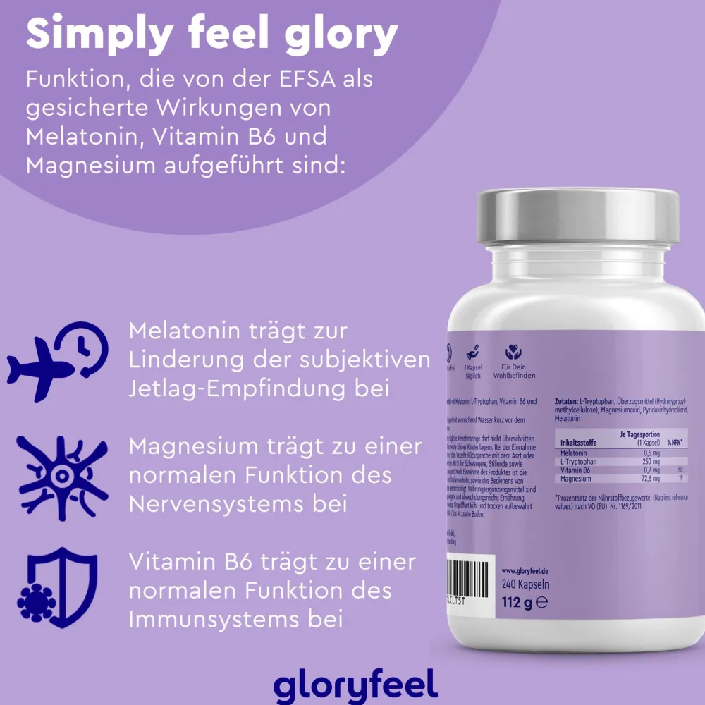 ® Melatonin + L-Tryptophan, Vitamin B6 & Magnesium Kapseln>gloryfeel Hot