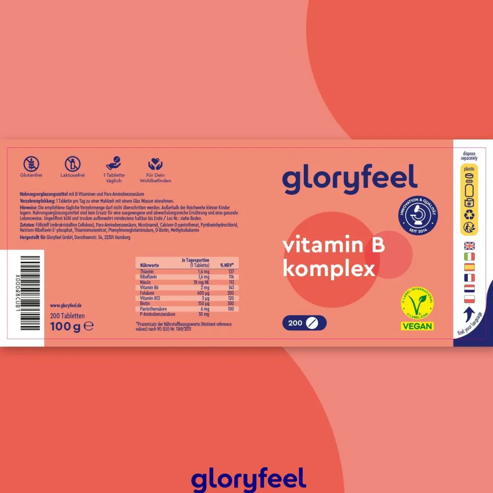 ® Vitamin B Komplex - 200 Kapseln - 500µg B12 + höchst bioaktiv|gloryfeel