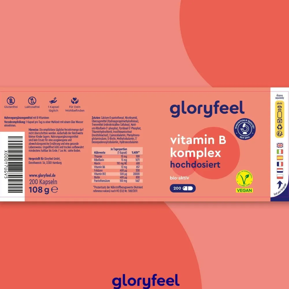 ® Vitamin B Komplex - 200 Kapseln - 500µg B12 - hochdosiert - 8 B-Vitamine>gloryfeel Clearance