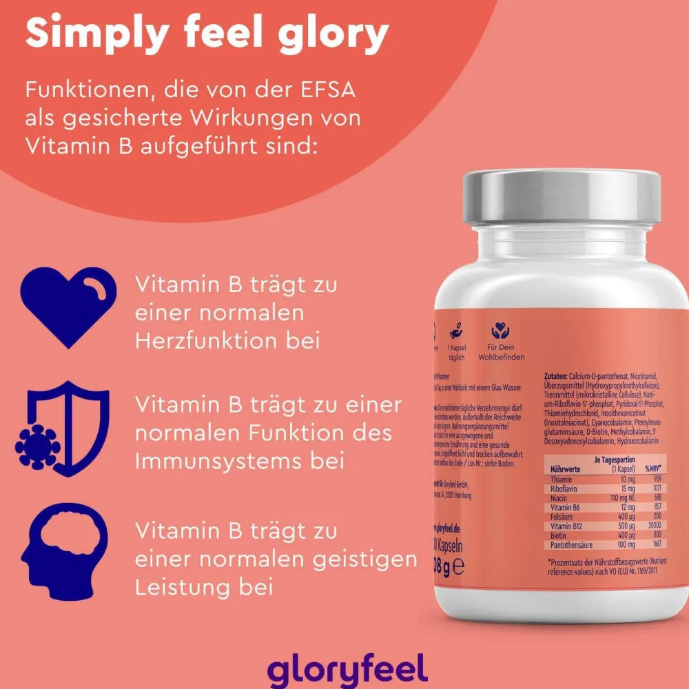 ® Vitamin B Komplex - 200 Kapseln - 500µg B12 - hochdosiert - 8 B-Vitamine>gloryfeel Clearance