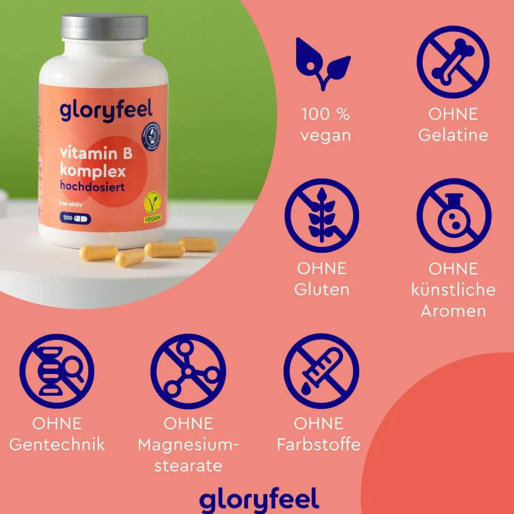 ® Vitamin B Komplex - 200 Kapseln - 500µg B12 - hochdosiert - 8 B-Vitamine>gloryfeel Clearance