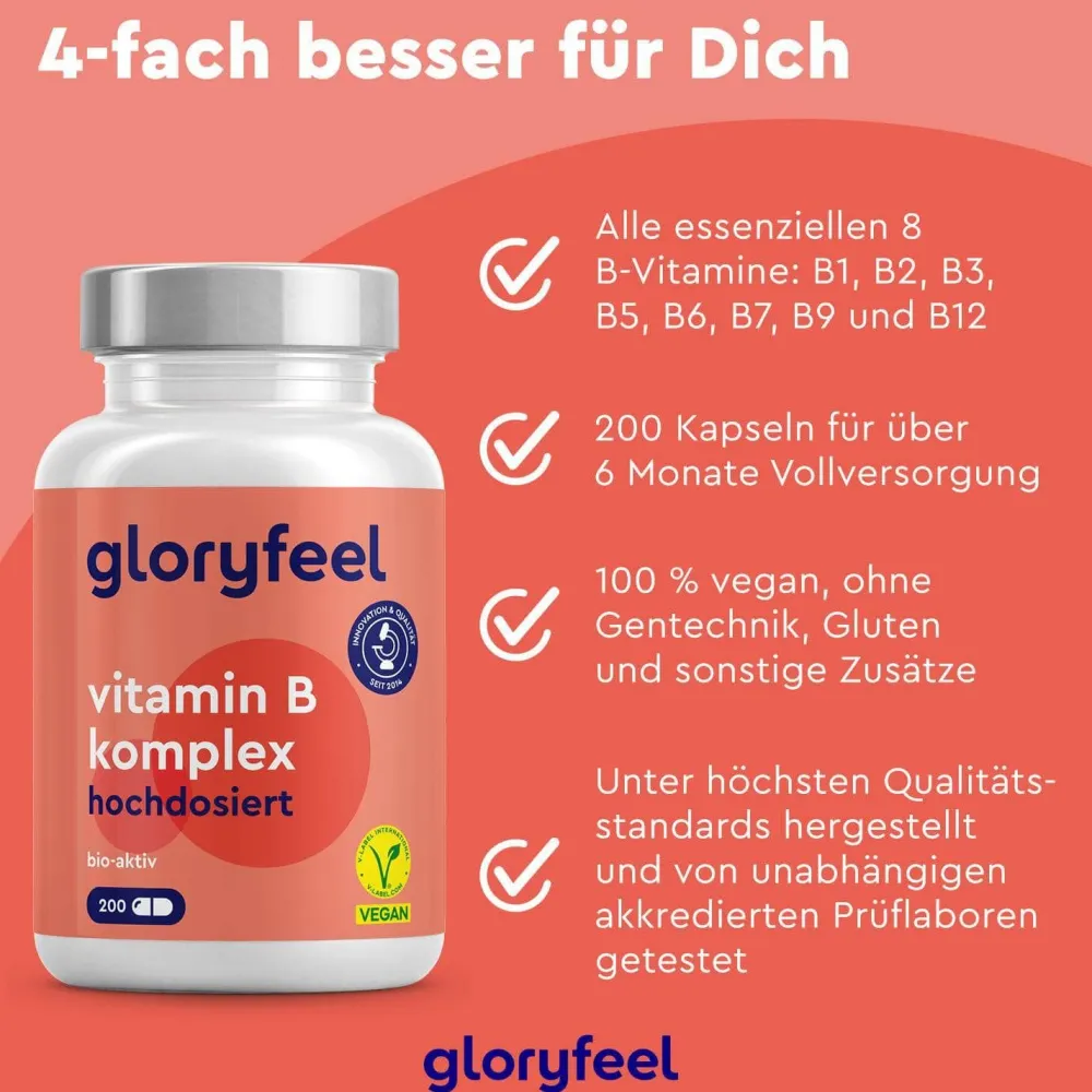 ® Vitamin B Komplex - 200 Kapseln - 500µg B12 - hochdosiert - 8 B-Vitamine>gloryfeel Clearance