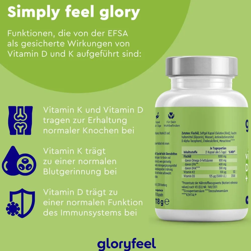 ® Vitamin D3 K2 Omega 3 - 5000 IE + K2VITAL® + 1000mg Fischöl Triglyceride Form (DHA + EPA)>gloryfeel Hot