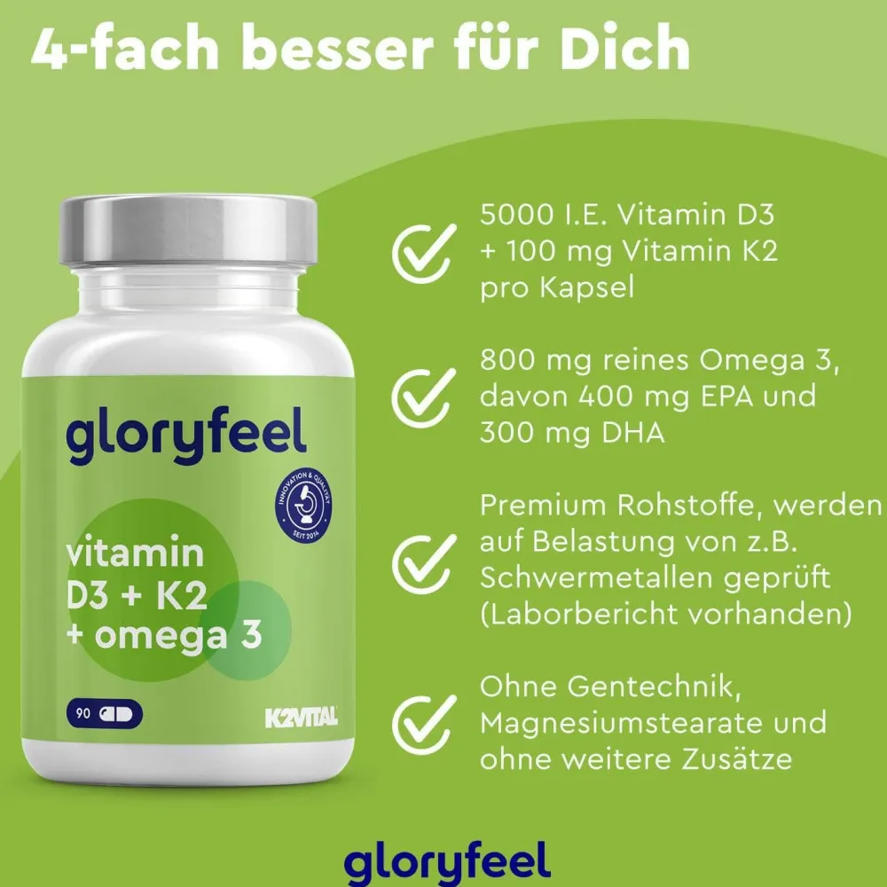 ® Vitamin D3 K2 Omega 3 - 5000 IE + K2VITAL® + 1000mg Fischöl Triglyceride Form (DHA + EPA)>gloryfeel Hot
