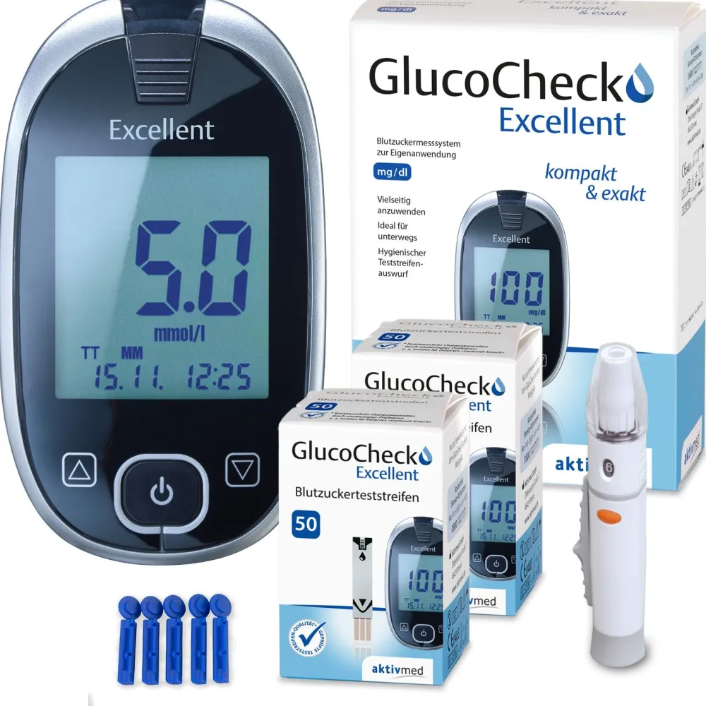 Excellent Messgerät (mmol/L) + 110 Teststreifen>GlucoCheck