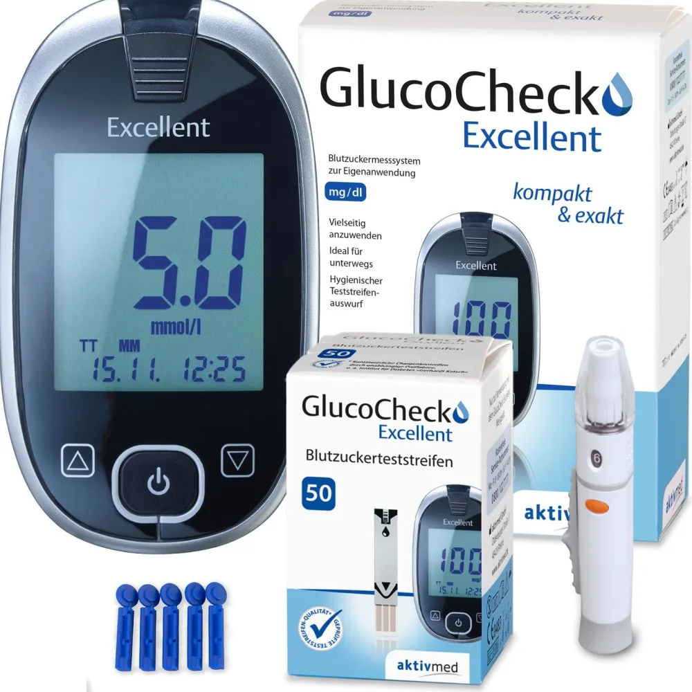 Excellent Messgerät (mmol/L) + 60 Teststreifen|GlucoCheck Discount