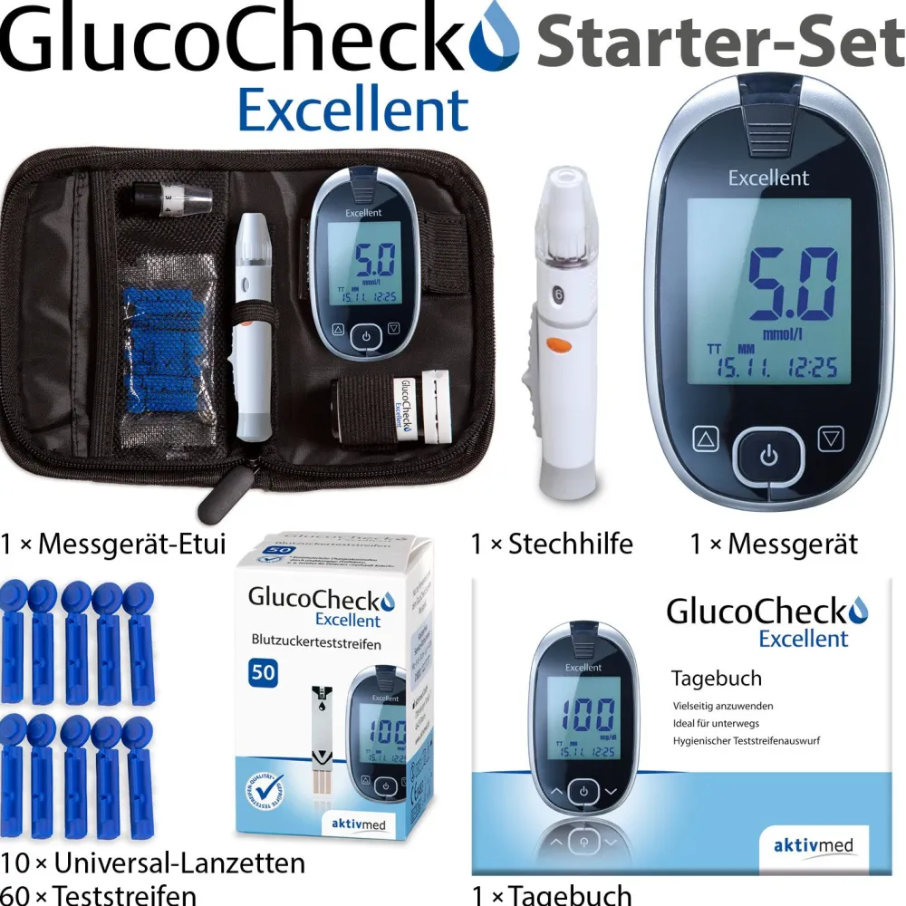 Excellent Messgerät (mmol/L) + 60 Teststreifen|GlucoCheck Discount