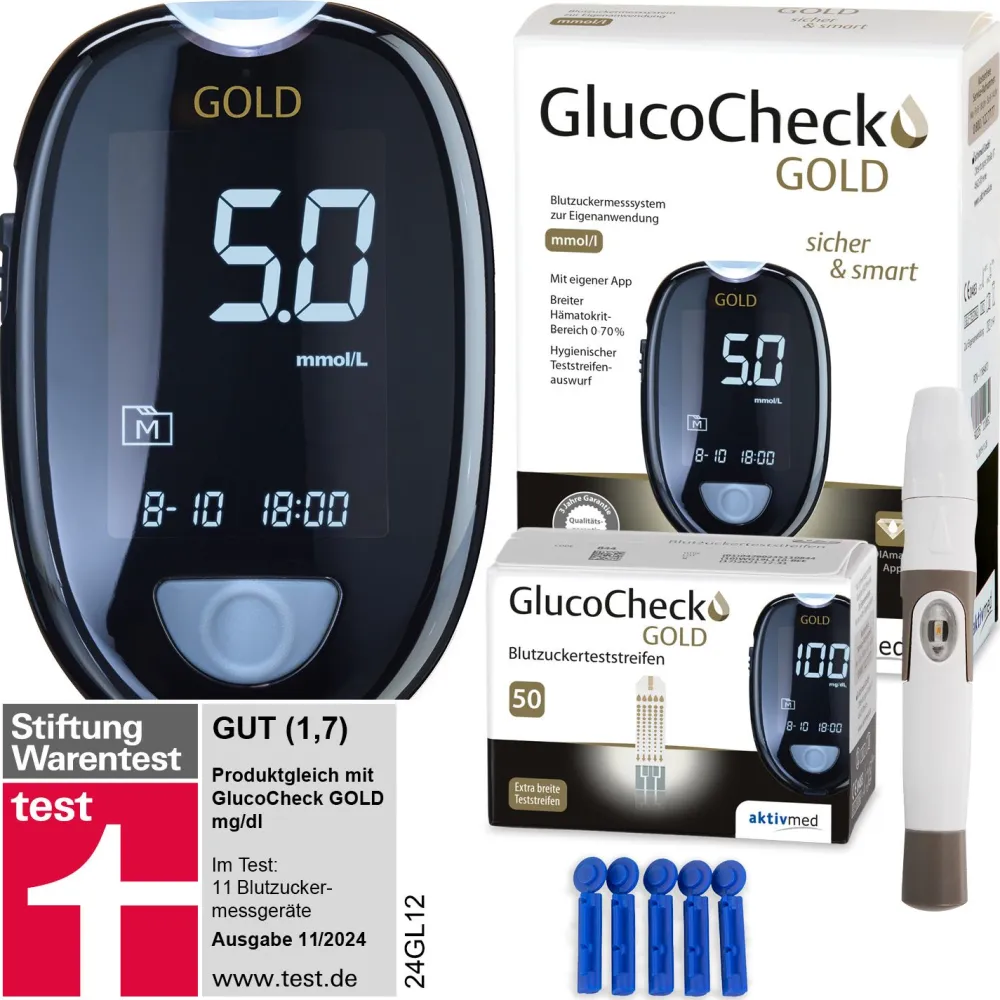 GOLD Blutzuckermessgerät (mmol/L) + 60 Teststreifen>GlucoCheck