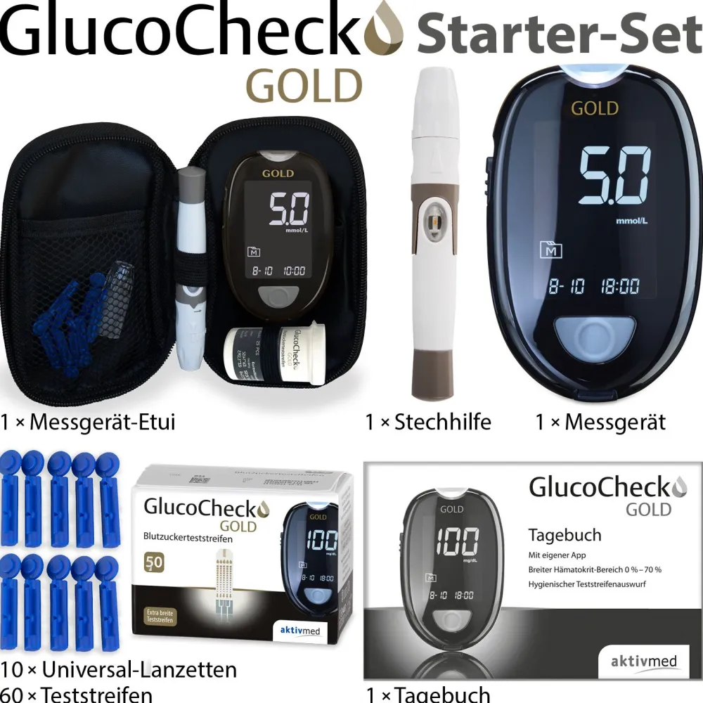 GOLD Blutzuckermessgerät (mmol/L) + 60 Teststreifen>GlucoCheck