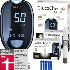 GOLD Messgerät (mmol/L) + 110 Teststreifen|GlucoCheck Discount