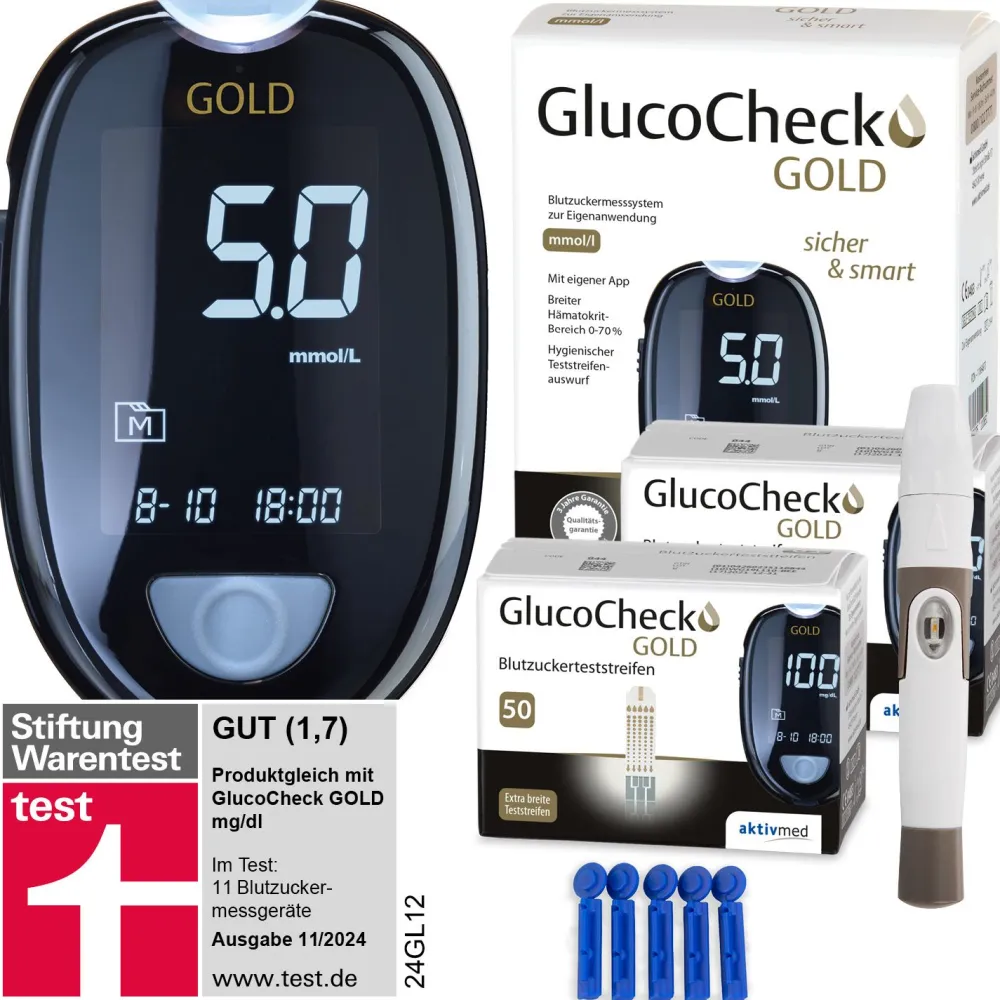 GOLD Messgerät (mmol/L) + 110 Teststreifen|GlucoCheck Discount