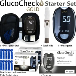 GOLD Messgerät (mmol/L) + 110 Teststreifen|GlucoCheck Discount