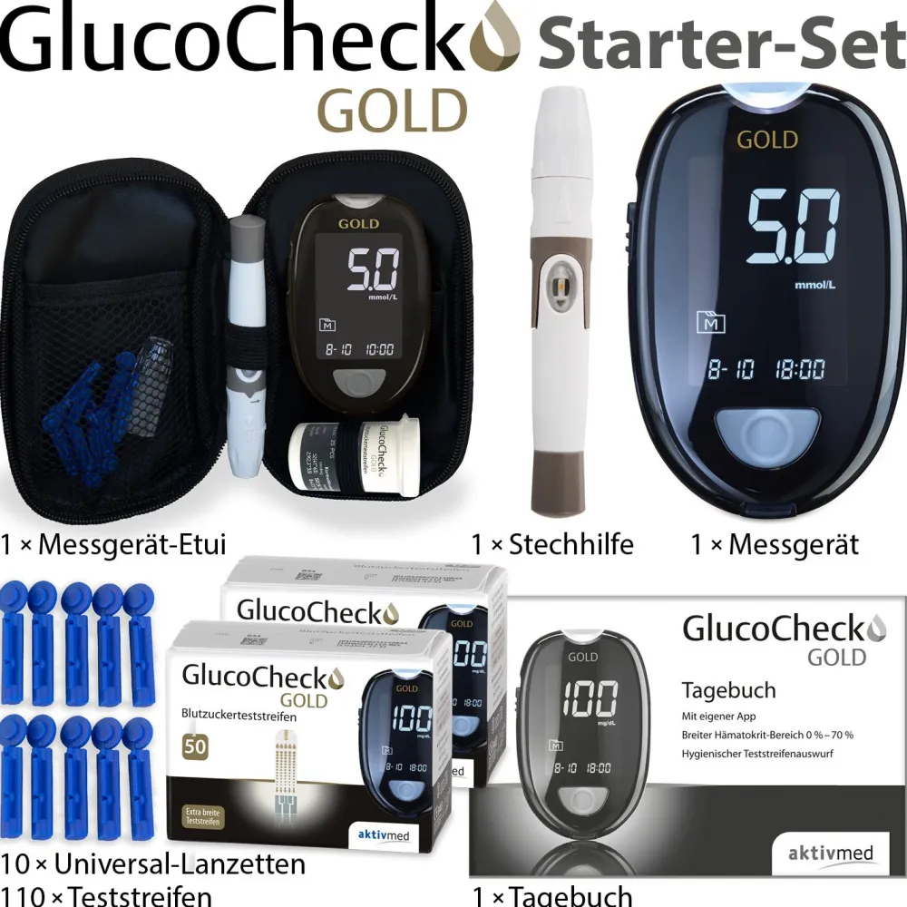 GOLD Messgerät (mmol/L) + 110 Teststreifen|GlucoCheck Discount