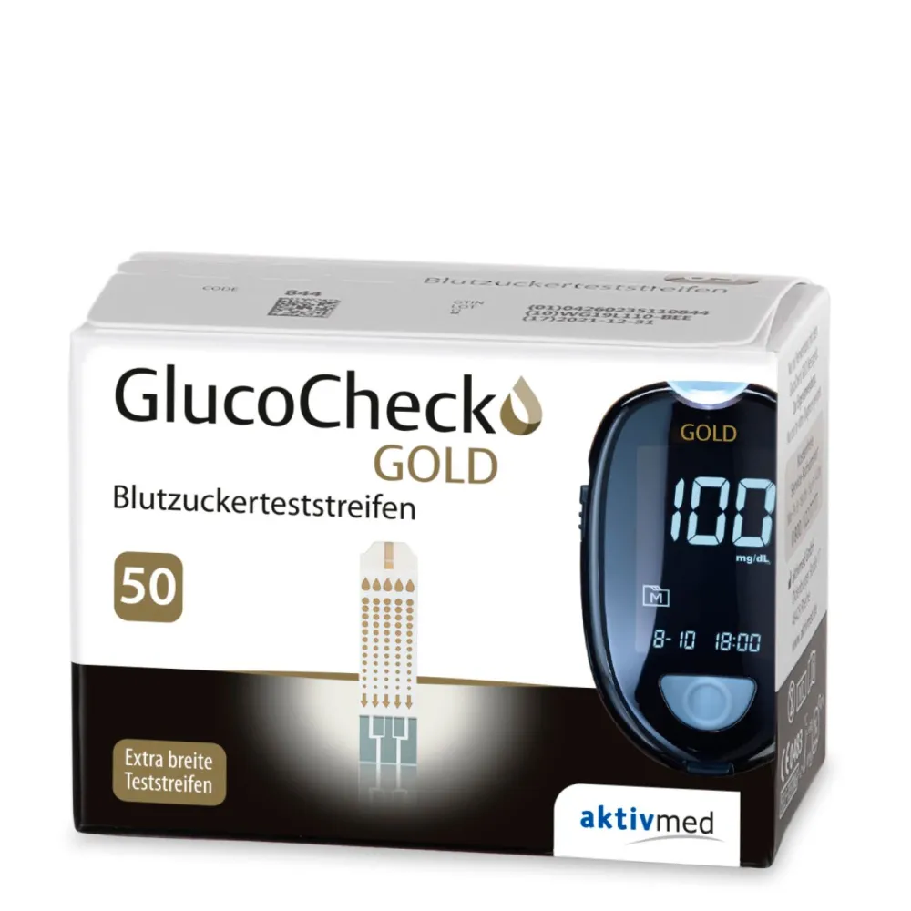 GOLD Messgerät (mmol/L) + 110 Teststreifen|GlucoCheck Discount