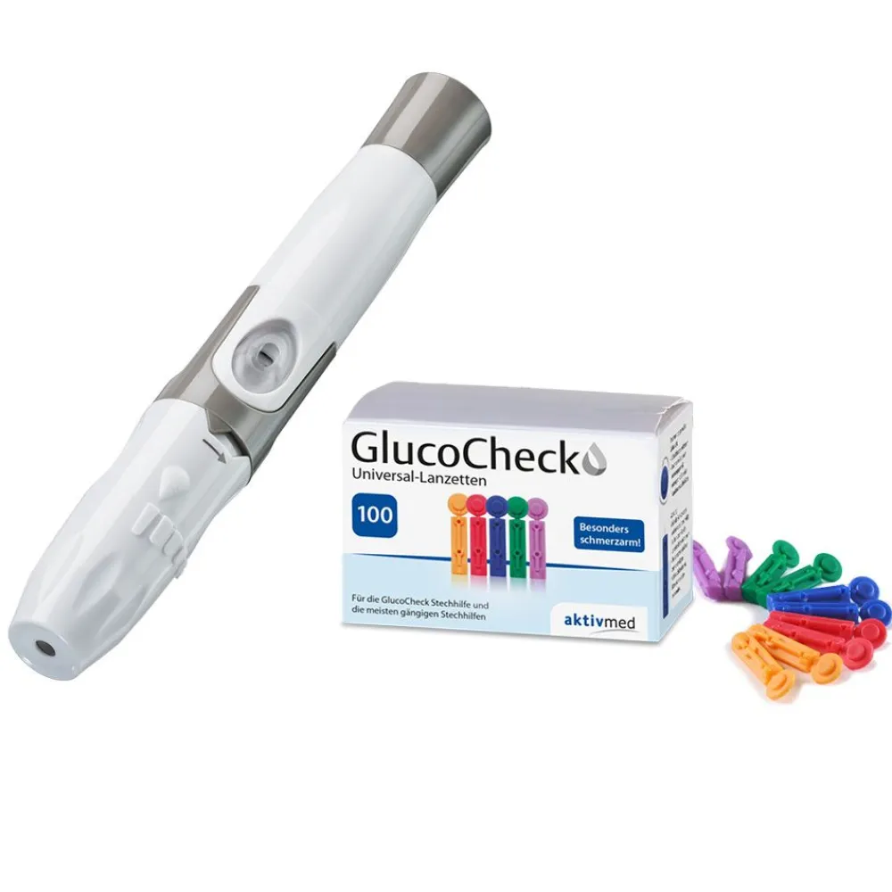 GlucoCheck Stechhilfe + 100 Universal-Lanzetten| New
