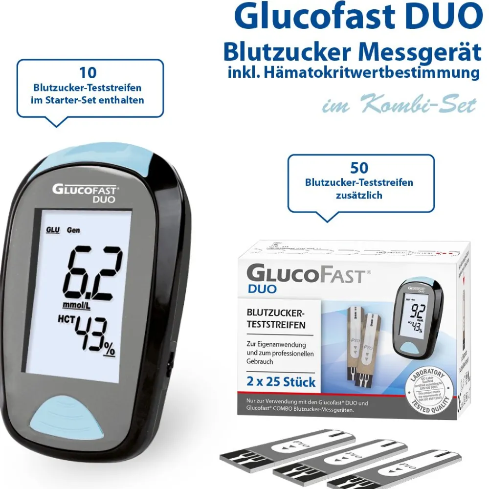 Glucofast® Duo Blutzuckermessgerät Kombiset mit 1 Packung Teststreifen (mg/dL)| Clearance