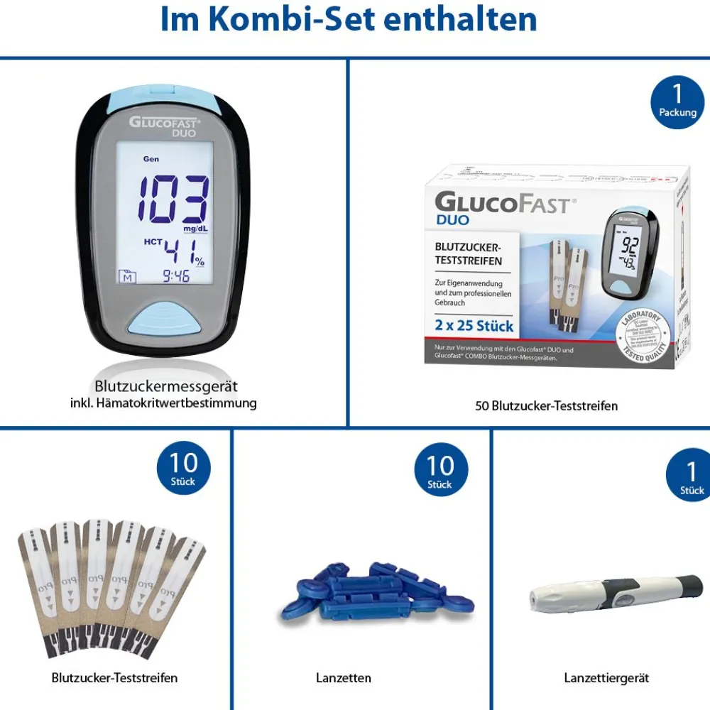 Glucofast® Duo Blutzuckermessgerät Kombiset mit 1 Packung Teststreifen (mg/dL)| Clearance