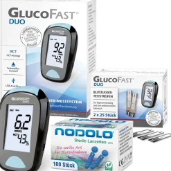 Glucofast® Duo Blutzuckermessgerät Kombiset mit mit Teststreifen und Lanzetten (mg/dL)>