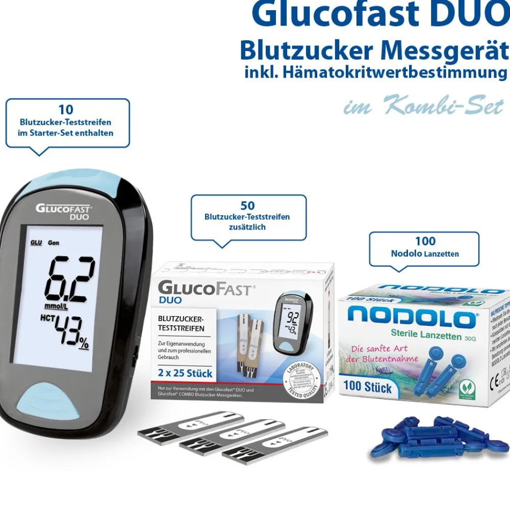Glucofast® Duo Blutzuckermessgerät Kombiset mit mit Teststreifen und Lanzetten (mg/dL)>