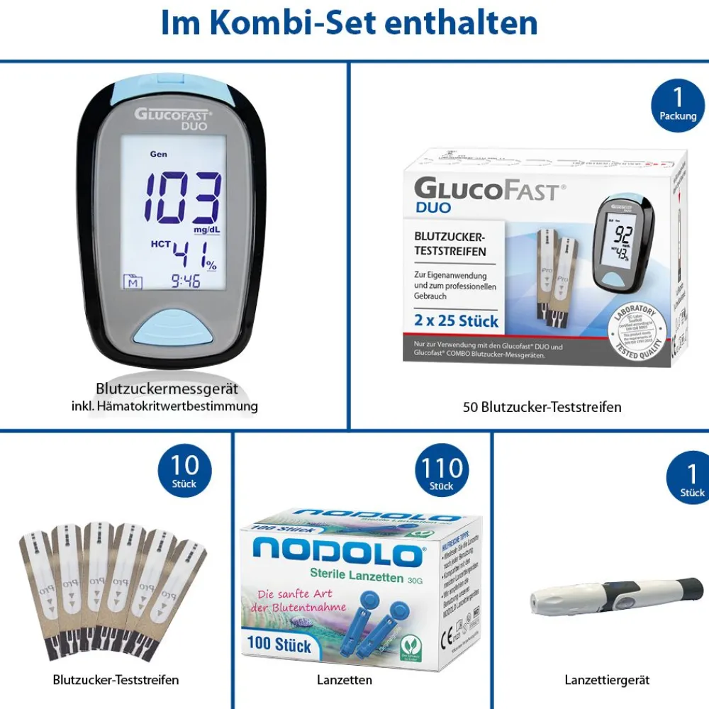 Glucofast® Duo Blutzuckermessgerät Kombiset mit mit Teststreifen und Lanzetten (mg/dL)>