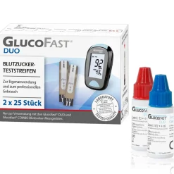 Glucofast Duo Blutzucker-Teststreifen und Kontrolllösung im Kombiset> Discount