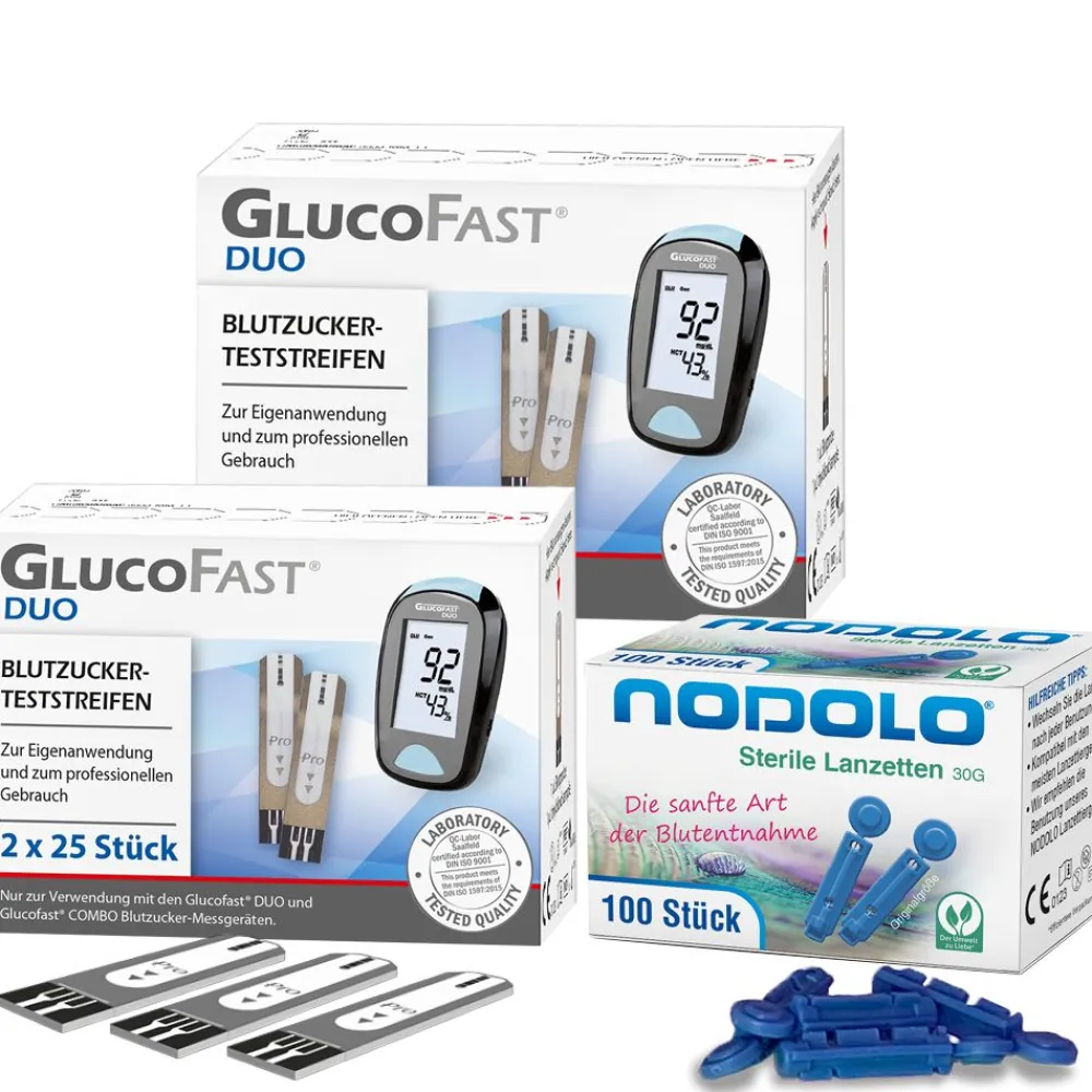 Glucofast Duo 2 x Blutzucker-Teststreifen und Nodolo Lanzetten im Kombiset| Hot