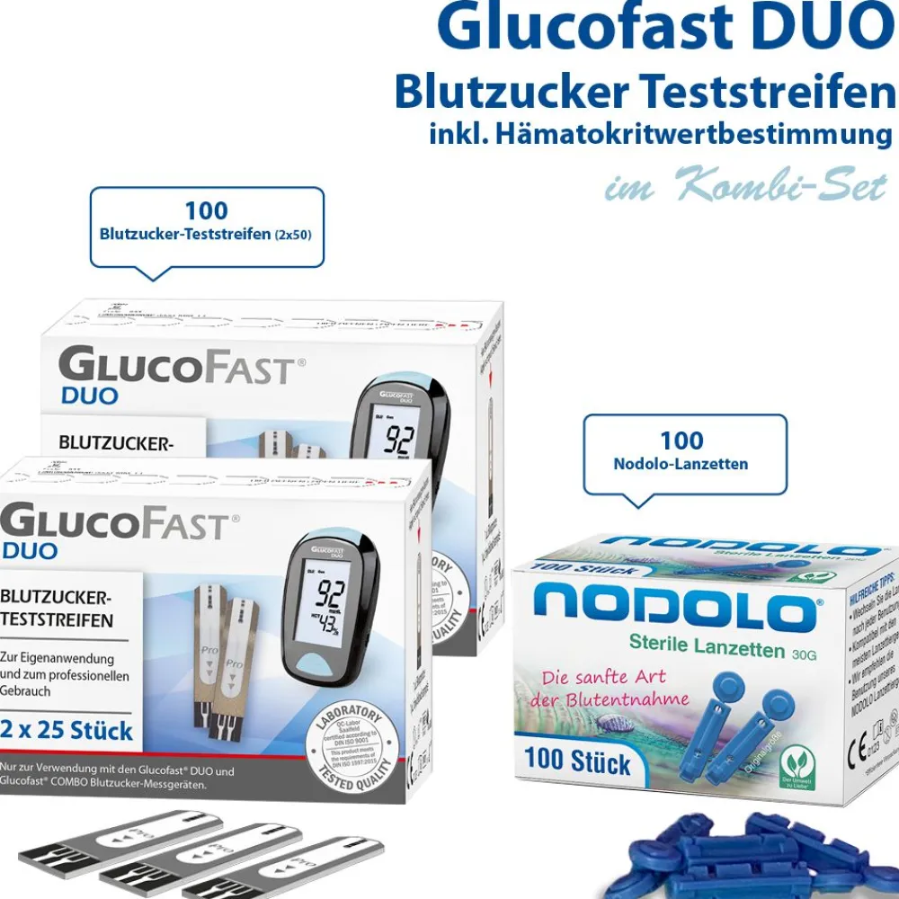 Glucofast Duo 2 x Blutzucker-Teststreifen und Nodolo Lanzetten im Kombiset| Hot