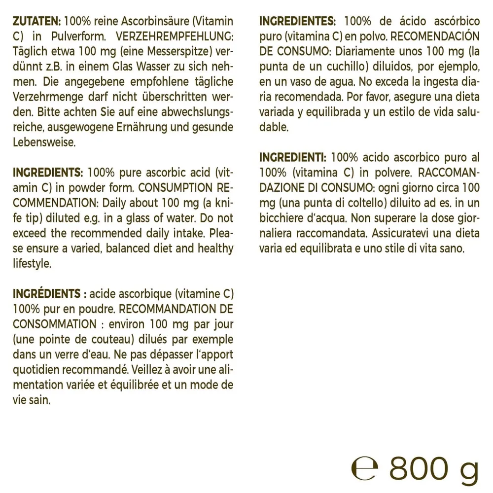 Vitamin C Pulver 800g, reine Ascorbinsäure|GREATVITA