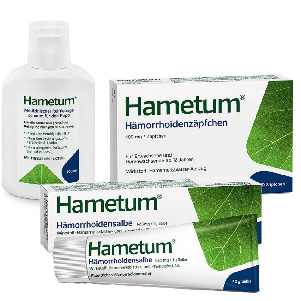 Hametum® Hämorrhoidenzäpfchen + Hametum® Hämorrhoidensalbe mit Applikator + Hametum® Medizinischer Reinigungsschaum für den Popo> Discount