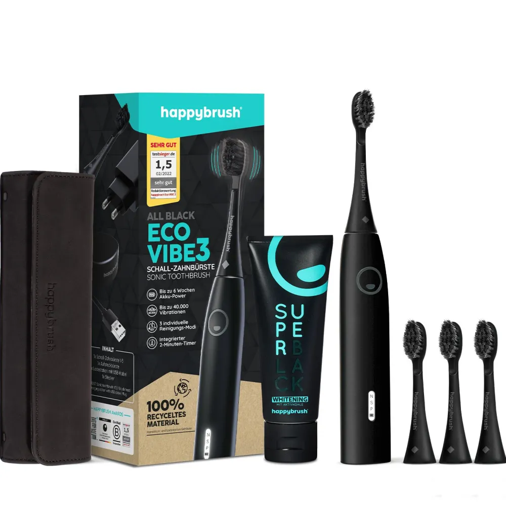 Schallzahnbürste ECO VIBE 3 AllBlack | Set>happybrush Best
