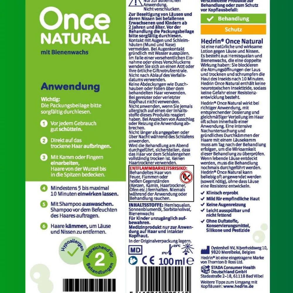 HEDRIN® Once Natural, Läusemittel mit natürlichen Inhaltsstoffen zur schonenden Behandlung von Kopfläusen| Hot