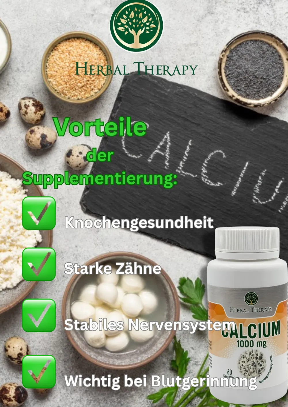 Herbal Therapy Kalzium 1000 mg hochdosiert 60 Tabletten| New