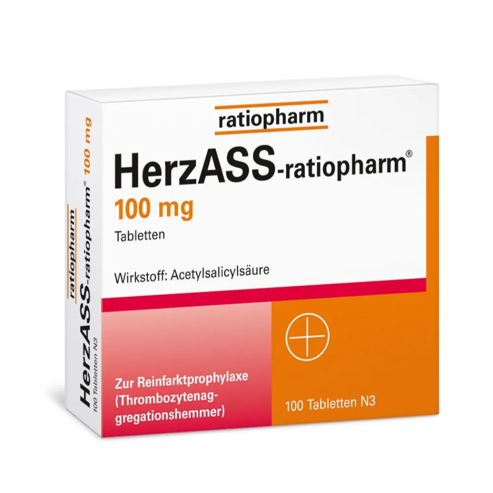 HerzASS-® 100 mg: mit gerinnungshemmender Acetylsalicylsäure – schützt die Blutplättchen vor dem Verklumpen und beugt Herzinfarkten sowie Schlaganfällen vor, 100 Tabletten>ratiopharm Discount